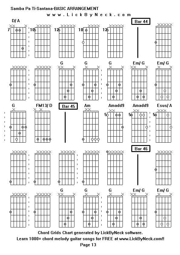 Chord Grids Chart of chord melody fingerstyle guitar song-Samba Pa Ti-Santana-BASIC ARRANGEMENT,generated by LickByNeck software.